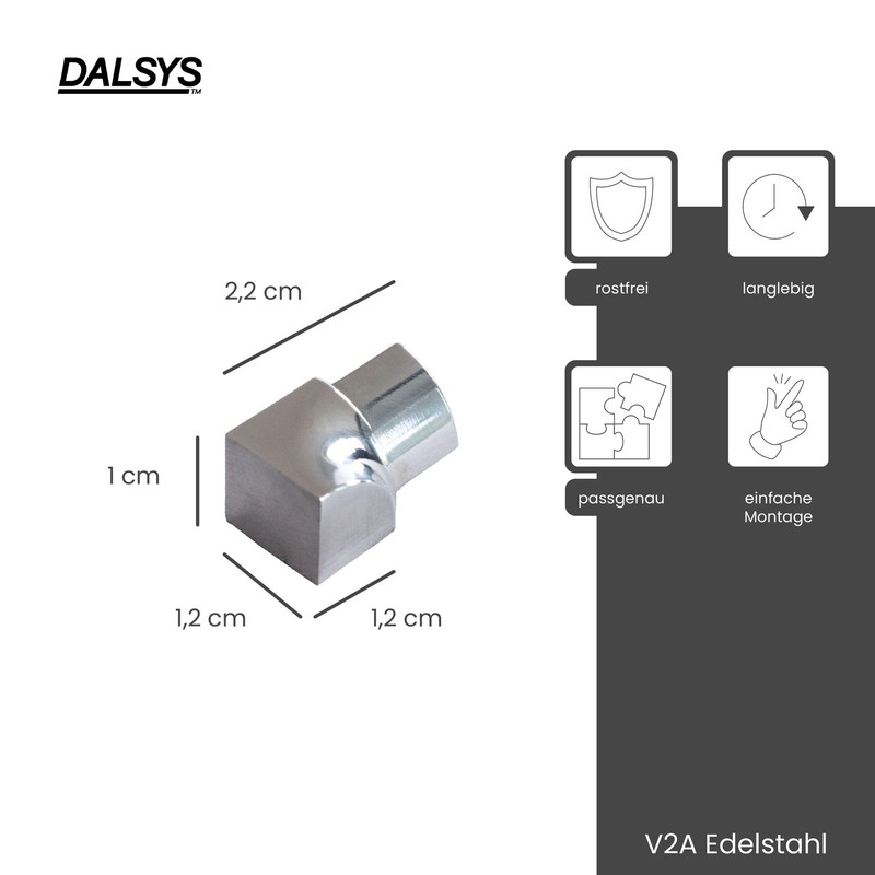 Dalsys Inner corner for tile rail, quarter circle profile, polished