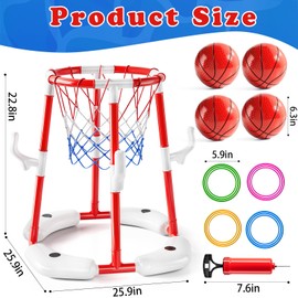 Pool Basketball Hoop Toys,2-in-1 Floating Baskatball Pool Games with 4 Balls/12 Rings/Pump,Swimmming Pool Games for Kids & Adults,Indoor Outdoor Play Toys for Summer Parties & Backyard Play(Red)