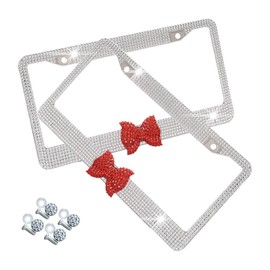 AUCELI Bling License Plate Frame, 2 Pack Stainless Steel Crystal Bow Car Plate Covers, US Vehicle License Bracket Holder with Rhinestone Mounting Bolts, Sparkly Car Accessories for Women (White/Red)