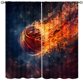 YungHo Basketball Window Curtains, Boys Sports Mens Teen Black Kids Red Dark Orange Cool 3D Ball Flame Gamer Living Room Bedroom Window Drapes Treatment Home Decor 21" W x 45" L x2【Decor】