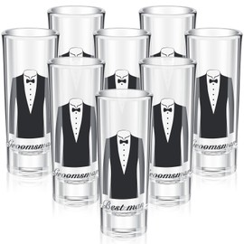 Sunnychicc 8 Pcs Groomsman Tuxedo Shot Glasses Heavy Base Shot Glass with Best Man and Groomsman Prints 2 oz Mini Glass Cup Groom Groomsmen Gift Wedding Party Favor for Bachelor Party