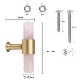 mookaitedecor Set of 2 T-Bar Crystal Drawer Pulls Handles with Screws, Brushed Brass Stone Knobs for Cabinet Kitchen Dresser, Rose Quartz