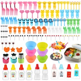 Kit 120 Piezas Palillos para Lunch Niños,Incluir 10 Mini Botellas,101 mini Palillos Tenedor para Lunch Animales Para Fruta,3 Cortadores de Verduras,6 Moldes Para Cupcakes,para Pasteles,Fiesta,Oficina