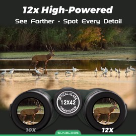 12x42 HD Binoculars for Adults High Powered, Super Bright BAK4 Prism Waterproof Binoculars with Low Light Vision for Bird Watching Outdoor Hunting Travel Hiking Sports Stargazing Cruise (Green)