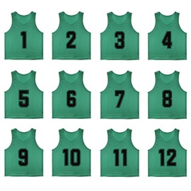 RE-HUO 12 Pack Numbered（1-12） Scrimmage Vests/Sport Pinnies/Training Bibs for Basketball,Soccer, Volleyball and Baseball(green1-12,M)