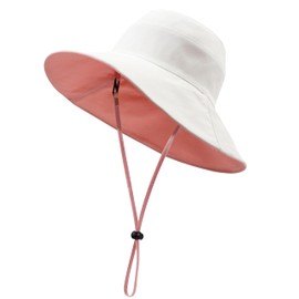 ASSQI Summer Beach Sun Hat Anti-UV UPF 50+ Foldable Wide Brim Bucket Hat for Women Cotton White Pink