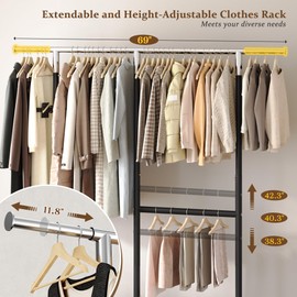 Raybee Heavy Duty Clothes Rack, Adjustable Clothing Rack with Wheels, 455 LBS Static Load Capacity, 69.1" W Rolling Garment Rack for Walk-in Closet, Bedroom, Laundry Room,Commercial Use, Black