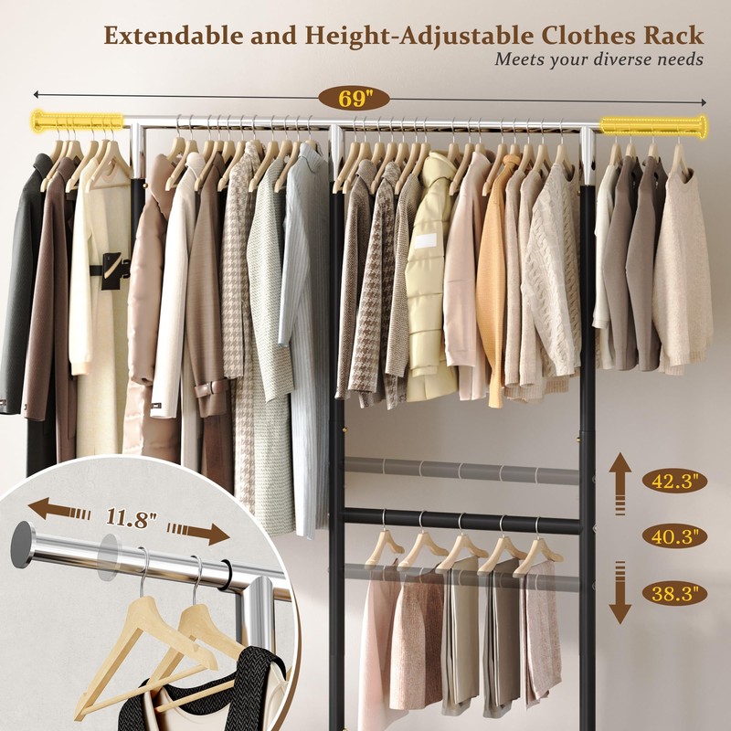 Raybee Heavy Duty Clothes Rack, Adjustable Clothing Rack with Wheels,