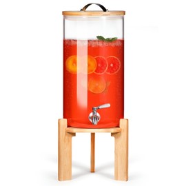 Glass Beverage Dispenser with Bamboo Stand 6.7 In and Lid, Iced 2.9 Gallon Drink Server with Spigot, Large Thick Glass Drink Dispenser for Parties, Hotels, Restaurants, Homes