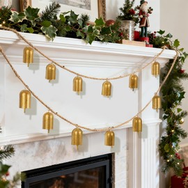 ARQRHTLY 87 Inch Gold Vintage Bells Garland for Christmas Decorations, Antique Cow Bells with Jute Hanging Rope Vintage Metal Brass Cowbells String Banner for Christmas Tree Mantle Xmas Holiday Decor