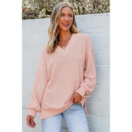 Dokotoo Womens Oversized Sweatshirt Waffle Knit Long Sleeve V Neck Shirts Casual Sweatshits Loose Fit Tunic Shirts Pullover Tops Fall Outfits Winter Clothing Pink L