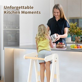 Foldable Toddler Tower Preassembled Kitchen Step Stool, Folding Tower for Learning with 3 Adjustable Heights, Montessori Toddler Standing Tower Collapsible Step Stool for Kids 1.5-6y Natural & White