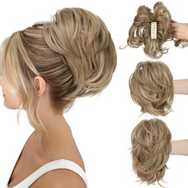 CJL HAIR Claw Clip Short Ponytail Hair Extensions DIY Bendable Metals Messy Bun Hair Piece for Wonen Straight Synthetic Fake Hairpieces Beige Multi
