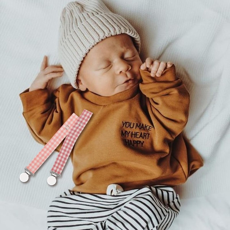 Pacifier Clip Leash Soothie Holder Unisex Plaid Button for Girl