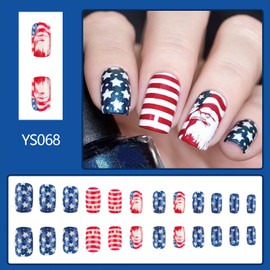 4th of July Press on Nails Medium Square Fake Nail USA Independence Day False Nails With Star Stripe Eagle Glitter Designs Full Cover Stick on Nail Acrylic Patriotic Glue on Nail for Women 24 Pcs