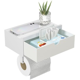 Domax White Toilet Paper Holder with Shelf,Wall Mount/Adhesive Bathroom Toilet Paper Holder,Bamboo Wood Tissue Toilet Roll Holder with Storage Drawer for Organizer Wipes,Fits Any Room, Large