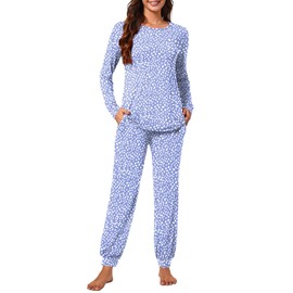 syoss Womens Pajama Set Long Sleeve Sleepwear Fall Round Neck Nightwear Soft Pjs 2 Piece Lounge Sets with Pockets L, Spotted Blue
