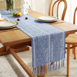 Chassic Rustic Farmhouse Style Linen Table Runner, Boho Handmade Tassel Hemstitched Embroidered Table Runners 108 Inches Long for Holiday Party, Dresser and Dining Decorations, 13 x 108 inch - Blue