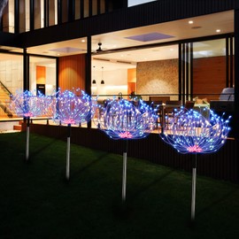 Fireworks Solar Lights Outdoor 4 Pack 480 LED Pathway Lights Solar Powered Starburst Fairy Lights Waterproof 8 Lighting Modes with Remote Control for Patio Christmas Yard Decorative(Multi-Colored)