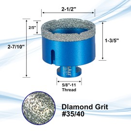 SALI Diamond Core Drill Bits 2-1/2 Inch (65mm) Tile Hole Saws Vacuum Brazed Hole Saw with 5/8-11 Thread for Glass Ceramic Porcelain Tiles Marble Brick Granite Quartz Fit Angle Grinders Drills