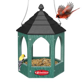 Kingsyard Platform Bird Feeder for Outdoor Hanging - Gazebo Style Recycled Plastic Wild Bird Feeding Station with Rain-Proof Roof & Metal Mesh Tray. Green