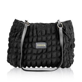 AfitLulu Women’s Shoulder Bags Large Quilted Tote Bag Pleated Ladies Handbags for Women, Puffy Bag Womens Handbag Lightweight with Zipper and Leather Handle for Shopping Travel Work (Black)