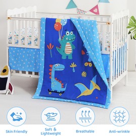 lasoftan 3 Piece Baby Crib Bedding Set, Infant Nursery Bed Set Decor with Quilt + Fitted Crib Sheet + Skirt, Baby Bedding Set Breathable and Soft for Baby Boy and Girl - Blue Dinosaur
