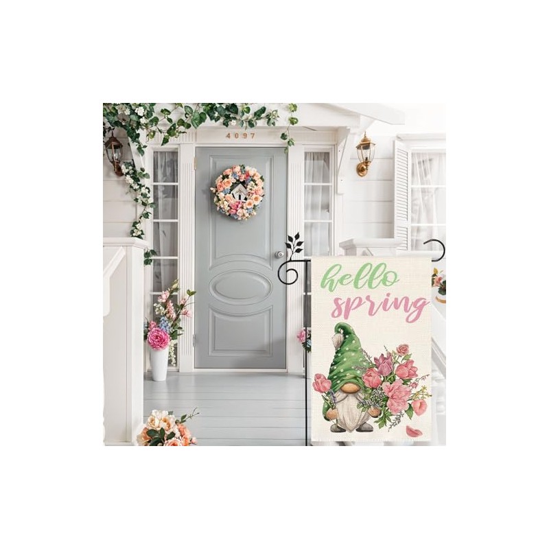 Gnome Hello Spring flowers Garden Flag 12x18 Inch Double Sided