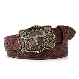 LALATCH Cowboy Cowgirl Belt Western Belts for Men Women Floral Engraved Longhorn Bull Buckle Belt for Jeans, Gold Buckle/Coffee
