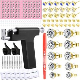 Zygc Professional Ear Piercing Kit with 63 Pairs of Cubic Zirconia Diamond Ear Stud Earrings with Multi Purpose Black Reusable Ear Piercing Gun Silver Sticks for Salon & Home Piercings Gold
