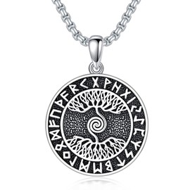 Viking Pendant Necklace with Tree of Life 925 Sterling Silver Tree of Life Chain Viking Runes Amulet Chain Nordic Viking Jewellery Gifts for Men Women, Sterling Silver, Yggdrasil