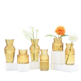 GARSHEON Small Vases for Flowers, Set of 6 Glass Vases for Centerpieces, Amber Vases for Centerpieces, Mini Vases for Flowers, Small Flower Vases for Wedding, Table Decoration, Home