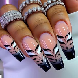 Leopard Print Press on Nails Long Coffin Glue on Nails Black French Tip Stick on Nails Gradient Artificial Nails Stripe Fake Nails Glossy Acrylic Nails Full Cover False Nails Kit for Women Girl 24Pcs