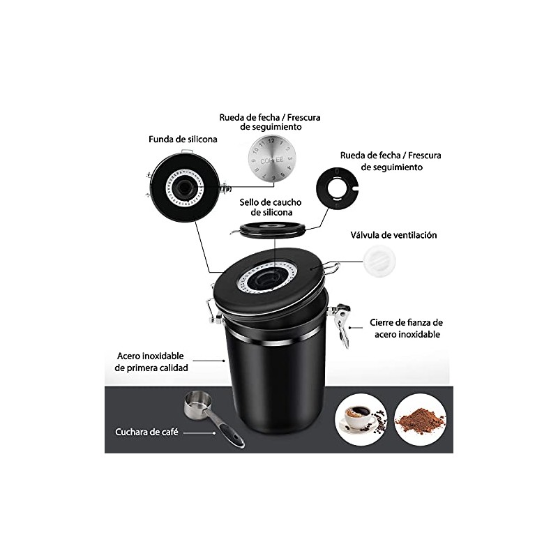 SANGKEE Bote Hermético para Café,Tarro de Café de Acero Inoxidable,1.8