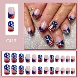 Red Blue French Tip Press on Nails America Flag Fake Nails Star Glue on Nails Artificial Acrylic Independence Day Short Square False Nails Glossy Full Cover Stick on Nails for Women Manicure 24Pcs