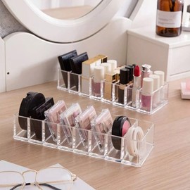 Cyrank Clear Makeup Organizer for Vanity, 8 Compartments Acrylic Cosmetic Storage Jewelry Display Box Eyeshadow Pallet Storage for Lipstick