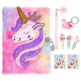 Liyujuping Diary for Girls with Lock and Keys, Fuzzy Journal for Girls, Cute Diary with Lock for Kids to Writing and Drawing, Pink Pen, Multicolored Stickers, Birthday Gift Set (Mermaid)