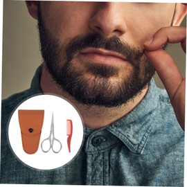 Minkissy 2pcs Stainless Steel Beard Trimming Scissors Set with Brown Leather Case Precision Grooming Kit for Facial Hair Eyebrow and Beard Maintenance Portable Beauty Tools for Men