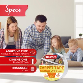 XFasten Double Sided Rug Gripper Tape - 2' x 5 Yds, 3-In Core Carpet Tape for Carpet to Carpet, Hardwood Floors, High Traffic Areas, Easy to Use Area Rug Tape