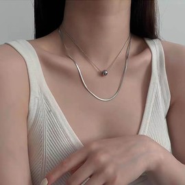 Cimenexe Bohemian Layered Snake Chain Necklace Silver Metal Bead Pendant Necklace Flat Herringbone Chain Choker Necklace Round Ball Sleek Chain Necklace Jewelry for Women