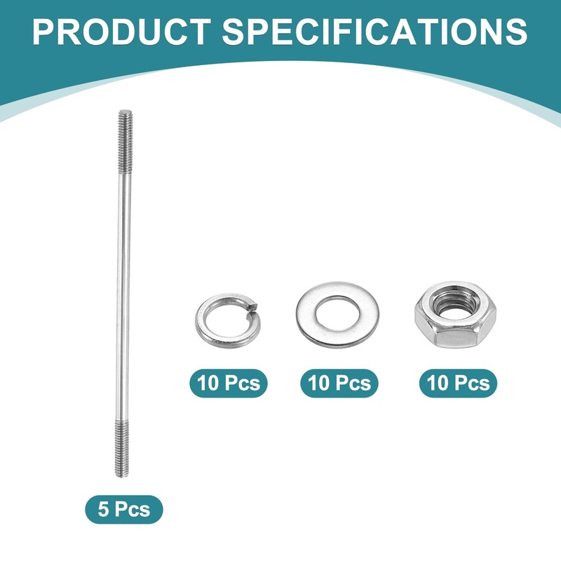 sourcing map 5pcs Double Ended Stud Screws, M4x120mm 304 Stainless