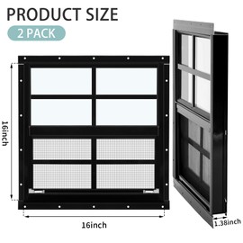 Tandefio 2 Pack 16'' x 16'' Black Flush Mount Shed Window with Tempered Glass and Screen Household Windows Sliding Windows with Vertical Slider and Screws for Chicken Coop Sheds Barns