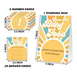 Guess the Baby Food Party Games, Baby Shower Game Set, 1 Standing Sign + 25 Answer Cards + 6 Number Cards, Retro Sunshine Gender Reveal Party Decorations Supplies -B03