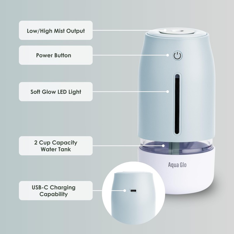Airvana Aqua Glo Personal Humidifier – Ultrasonic Cool Mist, Rechargeable