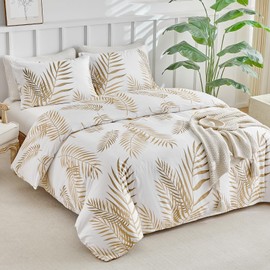 Tokokimo Double Duvet Cover Set Golden Tropical Leaves Printed Bedding Set Microfiber Double Duvet Set (1x Duvet Cover, 2x Pillowcases) White Bedding 200x200 cm, Tropical Leaf