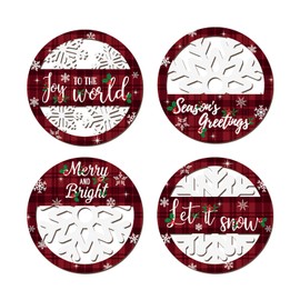 HOURIA 4Pcs Wooden Merry Christmas Wall Art,10" Let It Snow Winter Wall Decor,Snowflake Red Buffalo Plaid Christmas Wall Decorations Indoor Outdoor,Xmas Holiday Sign For Home Apartment Office Party