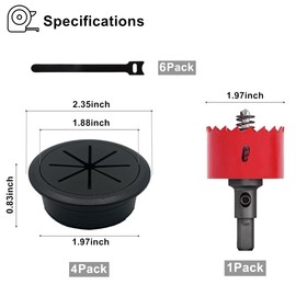 ZLTASYRY 4 Pack Desk Grommet 2 Inch (50 mm), Desk Hole Cover for Cables, Black Desk Cord Hole Cover for Office Home Table, Cable Grommet with 1 Hole Saw Drill Attachment & 6 Cable Ties