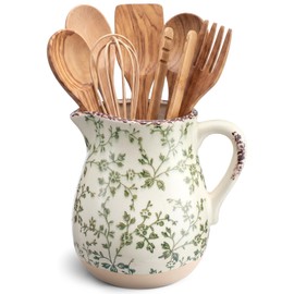 Qinyoung Floral Rustic Kitchen Utensil Holder 7 Inch Ceramic Utensil Holder with Handle Tuscany Vintage Crock Decoration Spatula Organizer for Kitchen Countertop Farmhouse Party Supplies