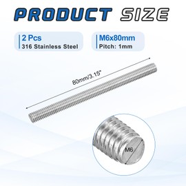 MECCANIXITY 2Pack M6x80mm Fully Threaded Rod, 316 Stainless Steel Right Hand All Thread Screw Studs for Furniture Assembly Fastening, 1mm Pitch