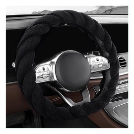KVAEY Fluffy Car Steering Wheel Cover, 15 Inches Anti-Slip Round Fuzzy Winter Steering Wheel Protector, Soft Warm Plush Steering Wheel Cover for Women Girls, Car Accessories (Black, D-Shaped)